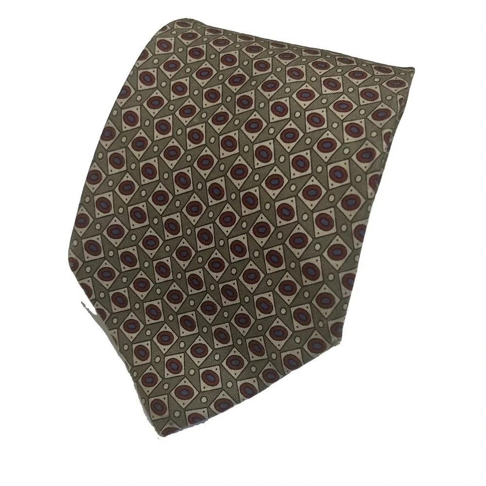 VTG Burberrys London 100% Silk Tie Hand Sewn Classic Width Geometric Olive USA